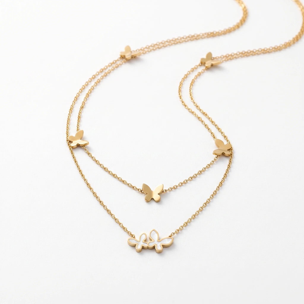 QIAOREN 13937 Double Layer Thin Chain Butterfly Pendant Necklace with Solid Butterflies & Intertwined Mother of Pearl Butterfly