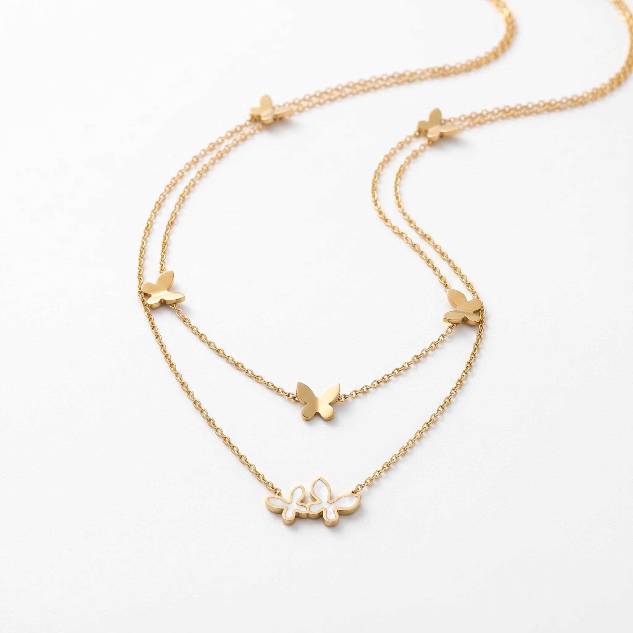 QIAOREN 13937 Double Layer Thin Chain Butterfly Pendant Necklace with Solid Butterflies & Intertwined Mother of Pearl Butterfly