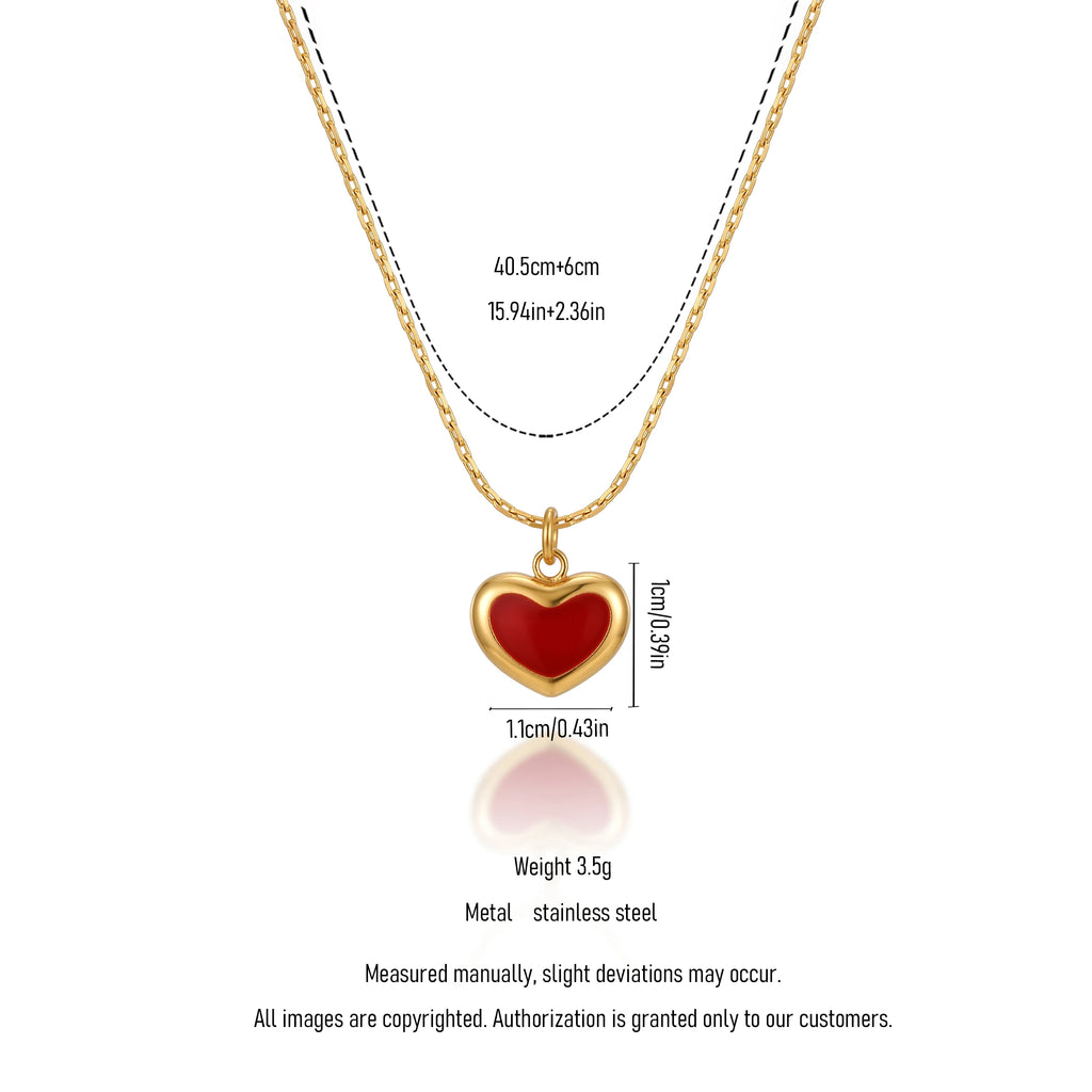 QIAOREN 13513 Dainty Solid Red Enamel Heart Pendant Necklace, Thin Gold Cable Chain Single Mini Love Charm Necklace