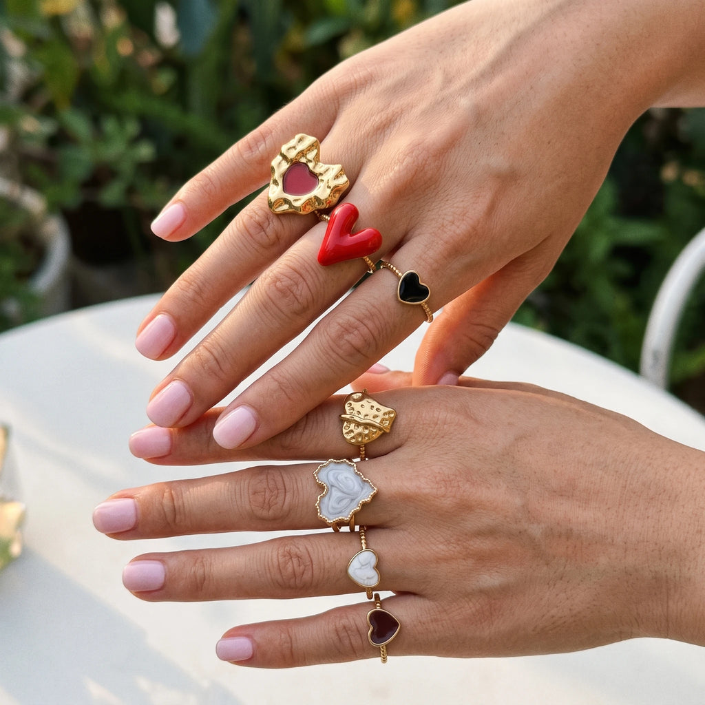 QIAOREN 14158-64 Multi-Color Enamel Heart Ring Set, Irregular Textured Love Shape Adjustable Ring Jewelry Gift for Daily Outfits