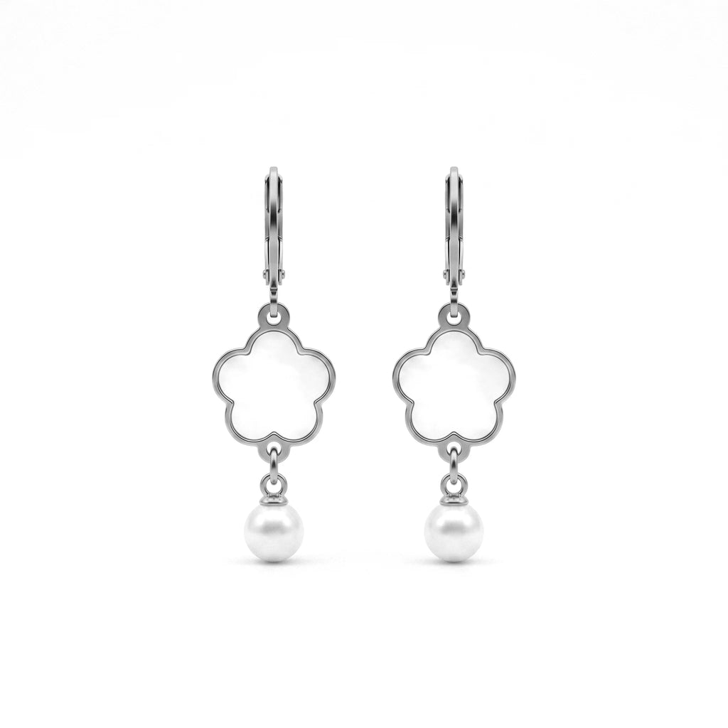 QIAOREN 11765Ins Elegant Four Leaf Clover Shell Pearl Drop Earrings 18K Gold Plated Stainless Steel Leverback Hoops Women's