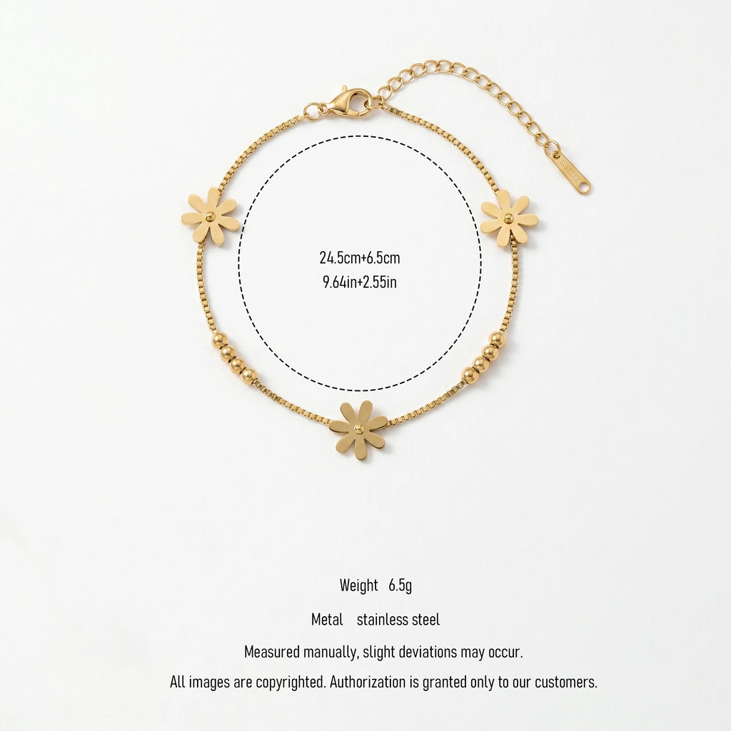 QIAOREN 11946 Elegant Boho Daisy Charm Bracelet Gold Stainless Steel Box Chain Beaded Floral Jewelry for Women EU US Hot Sell