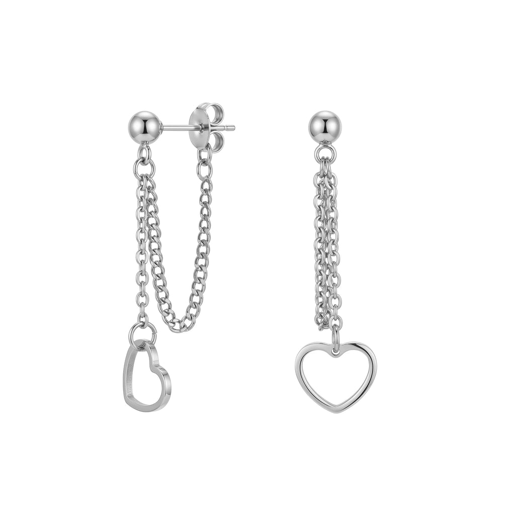 QIAOREN 11190 Minimalist Heart Stud Earrings with Chain Detail Gold Stainless Steel Fashion Earrings for Women