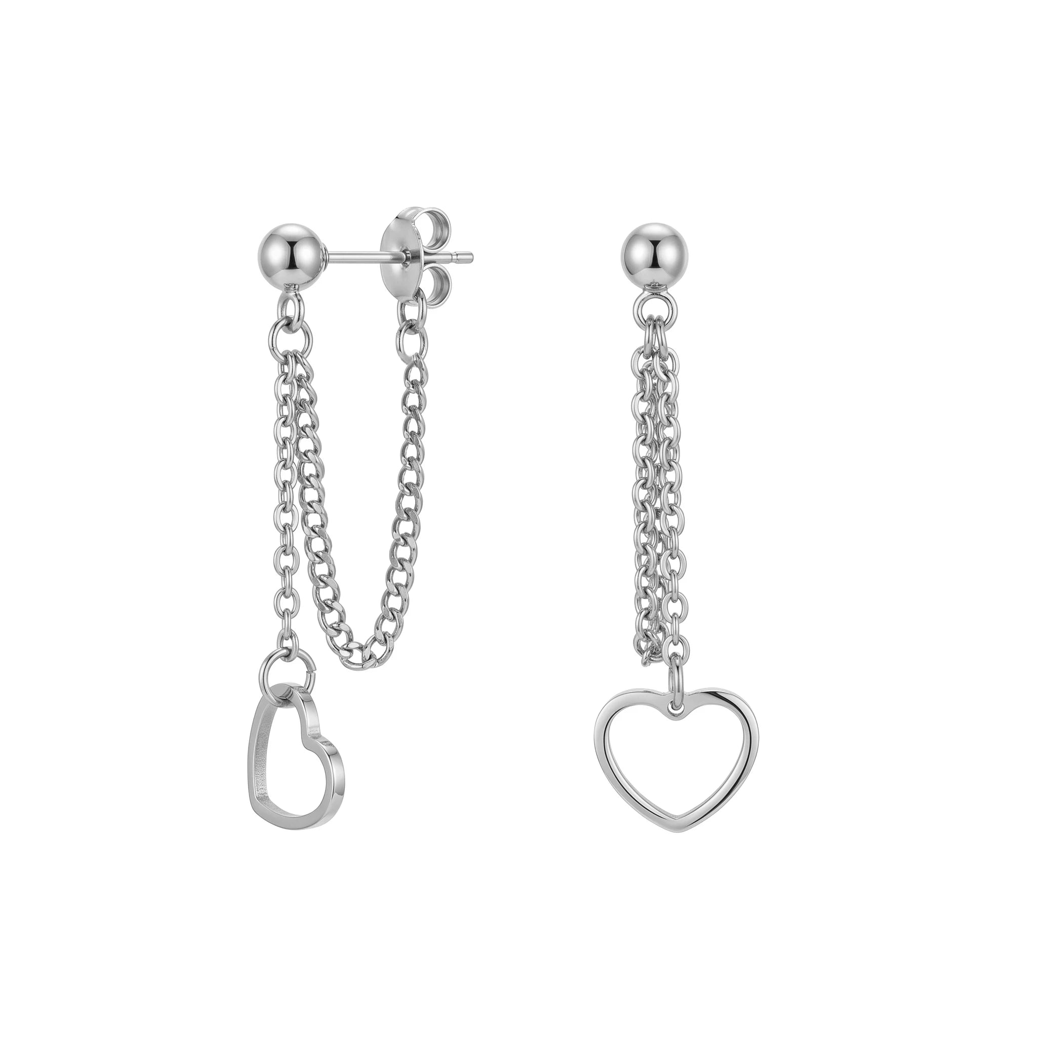 QIAOREN 11190 Minimalist Heart Stud Earrings with Chain Detail Gold Stainless Steel Fashion Earrings for Women