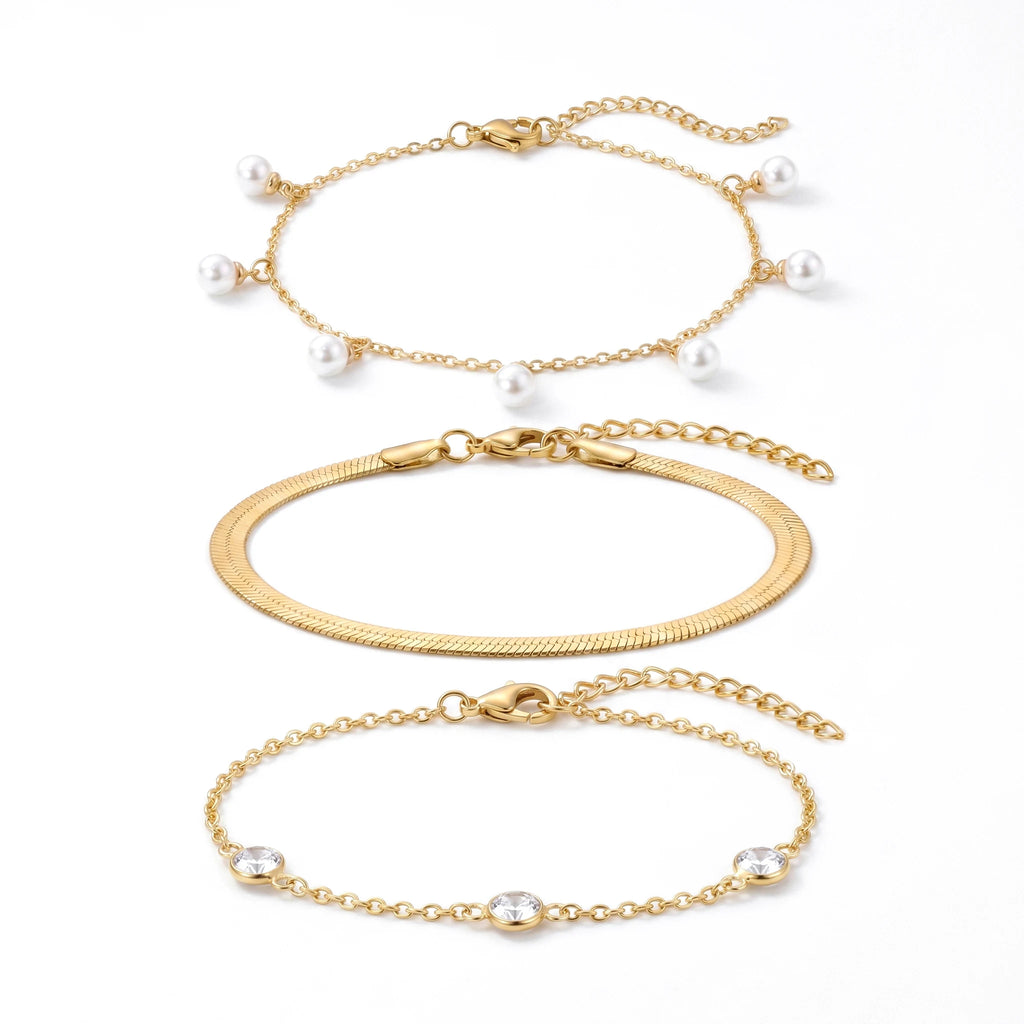QIAOREN 11880 18K Gold Plated Stainless Steel Hypoallergenic 3Pcs Stackable Bracelet Set Pearl Herringbone CZ Chain Bracelets