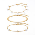 QIAOREN 11880 18K Gold Plated Stainless Steel Hypoallergenic 3Pcs Stackable Bracelet Set Pearl Herringbone CZ Chain Bracelets