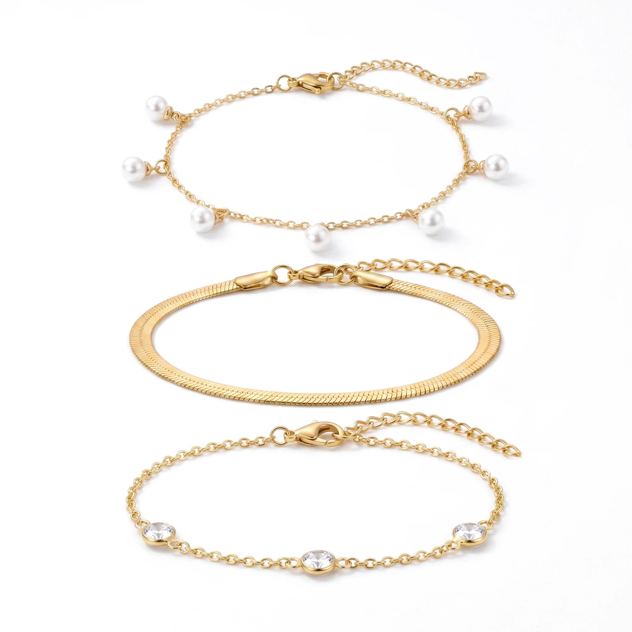 QIAOREN 11880 18K Gold Plated Stainless Steel Hypoallergenic 3Pcs Stackable Bracelet Set Pearl Herringbone CZ Chain Bracelets