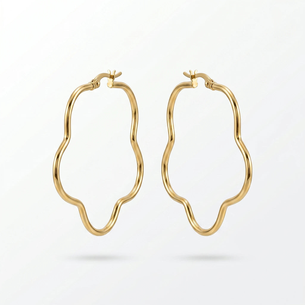 QIAOREN 12317 Waterproof Tarnish Free Squiggle Hoop Earrings Gold Stainless Steel Organic Sinuous Ripple Latchback Hoops US EU