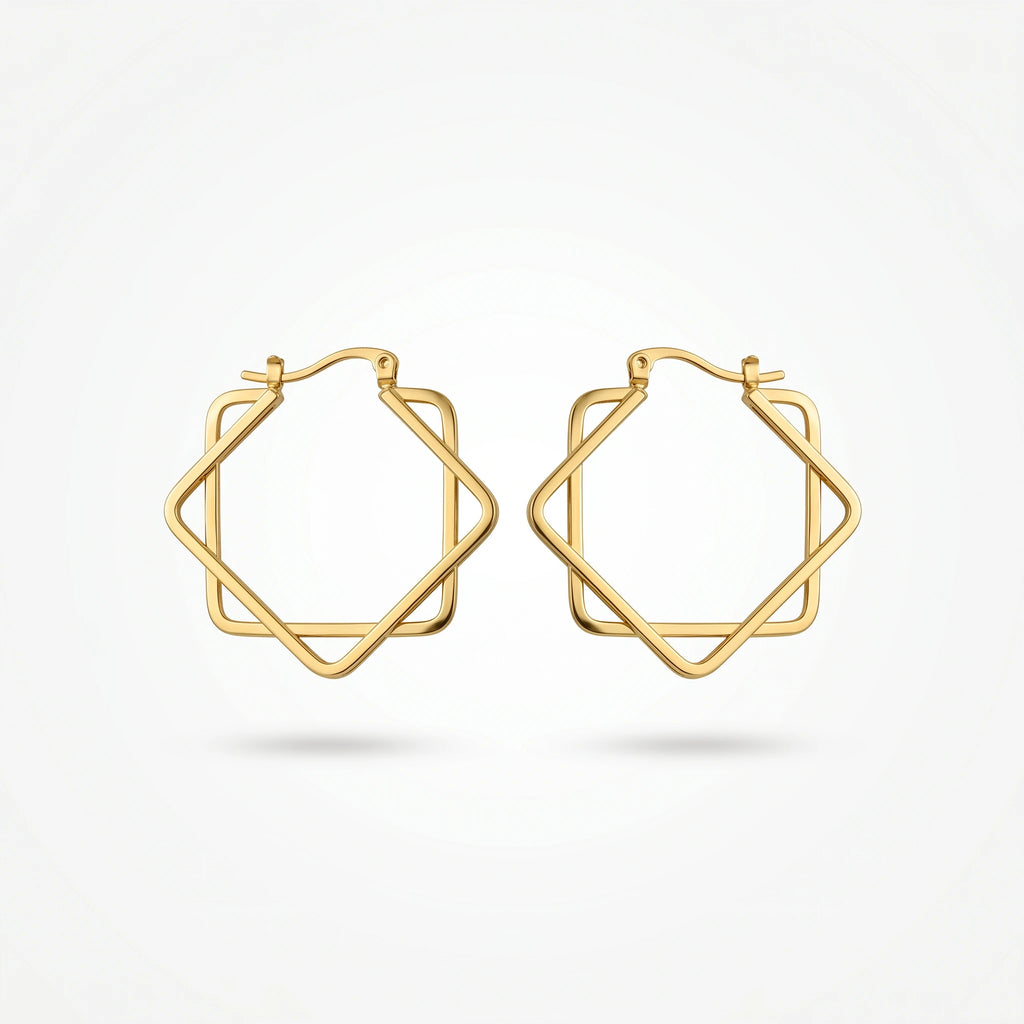 QIAOREN 12420 Trendy Geometric Double Square Hoop Earrings Gold Stainless Steel 8-Pointed Star Octagram Large Hoops Women US EU