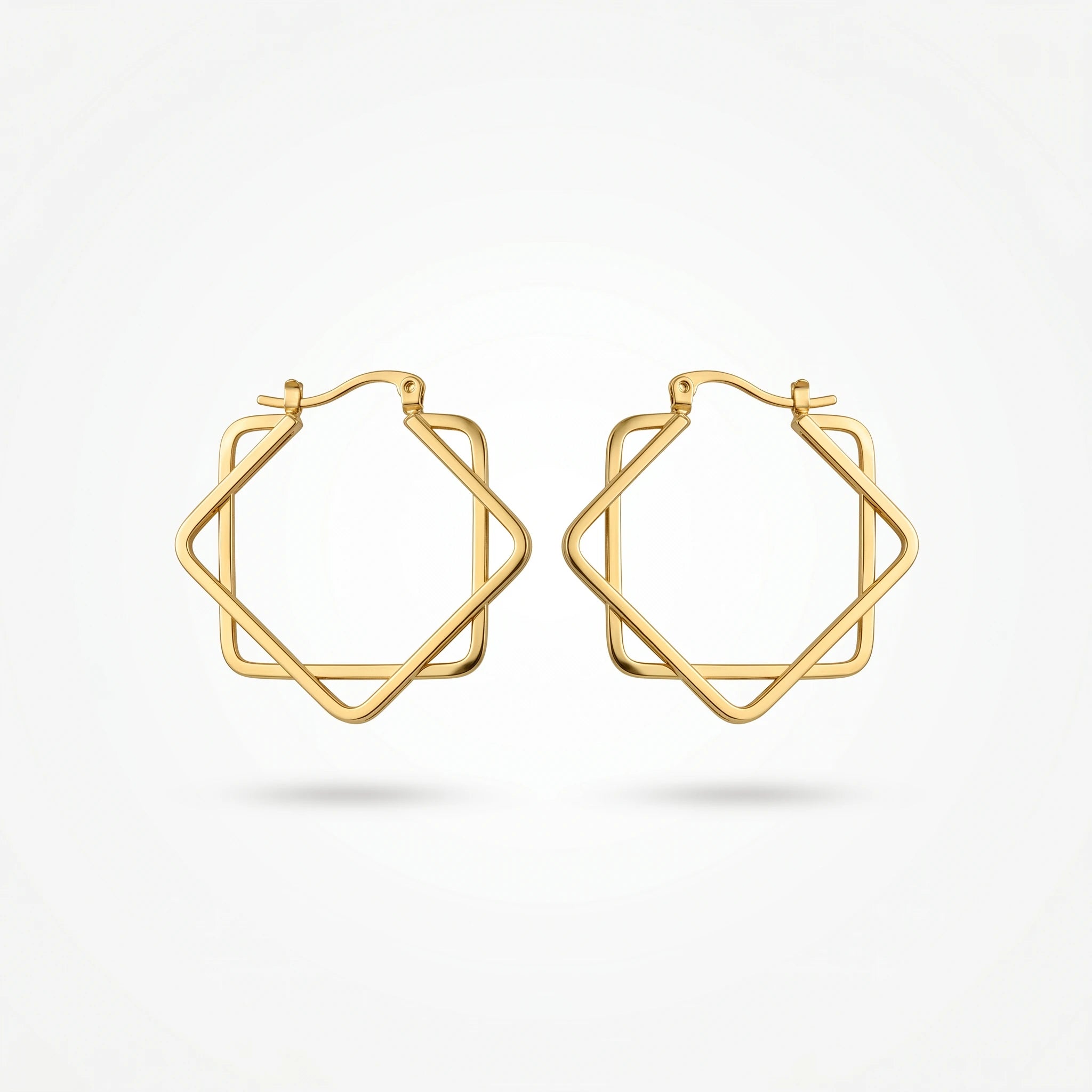 QIAOREN 12420 Trendy Geometric Double Square Hoop Earrings Gold Stainless Steel 8-Pointed Star Octagram Large Hoops Women US EU