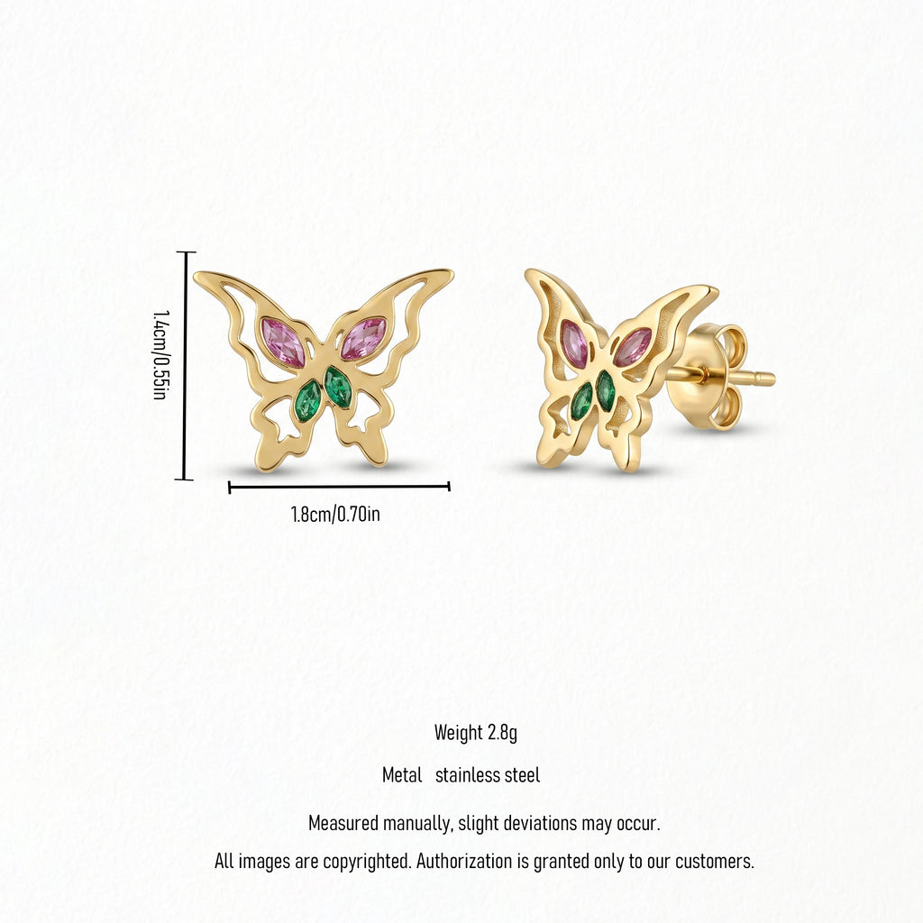 QIAOREN 14011 Hollow Butterfly Stud Earrings Inlaid Pink and Green Marquise Cut CZ Stones, Colorful Crystal Ear Stud