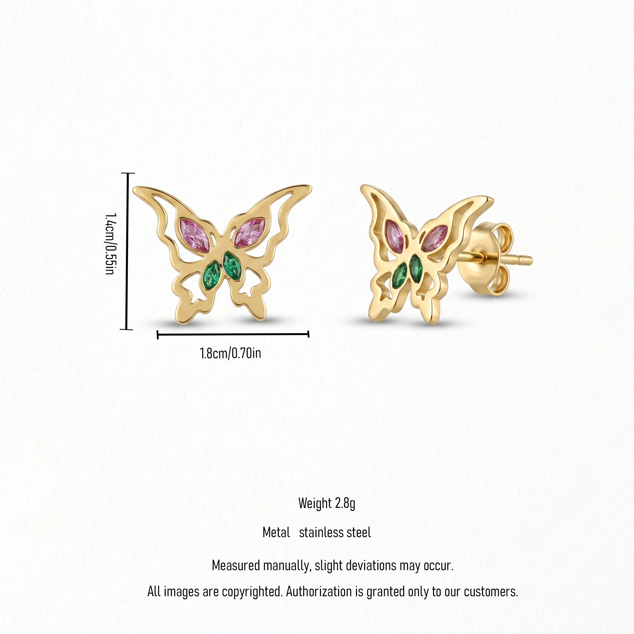 QIAOREN 14011 Hollow Butterfly Stud Earrings Inlaid Pink and Green Marquise Cut CZ Stones, Colorful Crystal Ear Stud