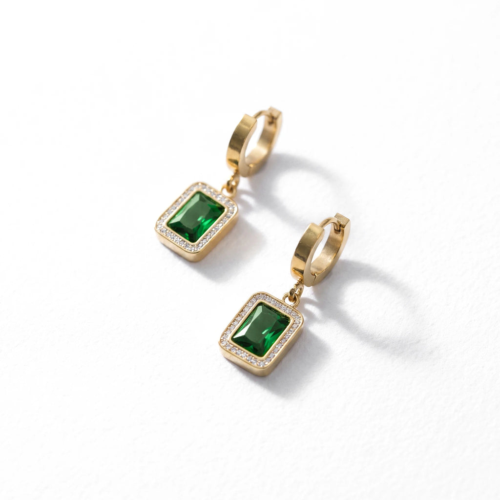 QIAOREN 13442 Gold Tone Rectangle Emerald Crystal Drop Stud Earrings  Dangle Earrings Luxury Vintage Jewelry Gift