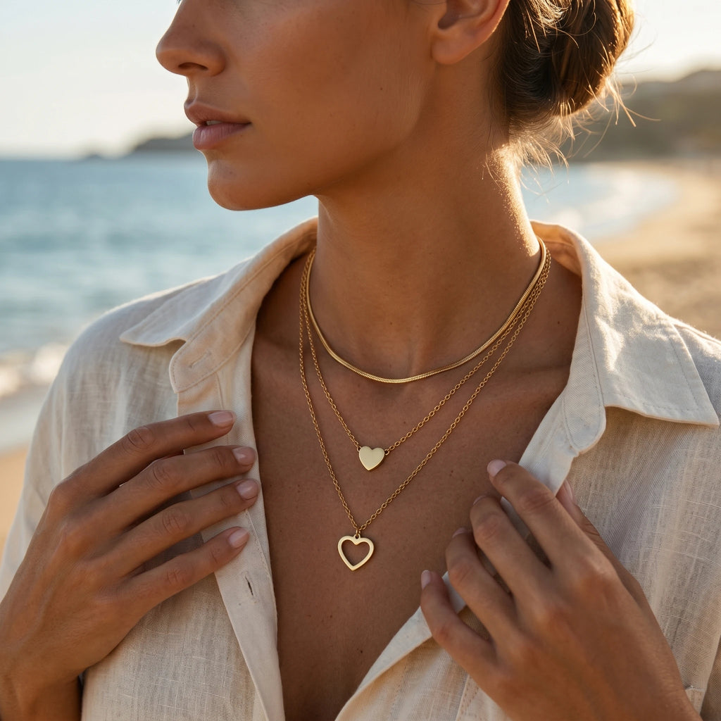 QIAOREN 10623 Trendy Layered Heart Necklace Stainless Steel Gold Plated Link Chain Party Jewelry for Women