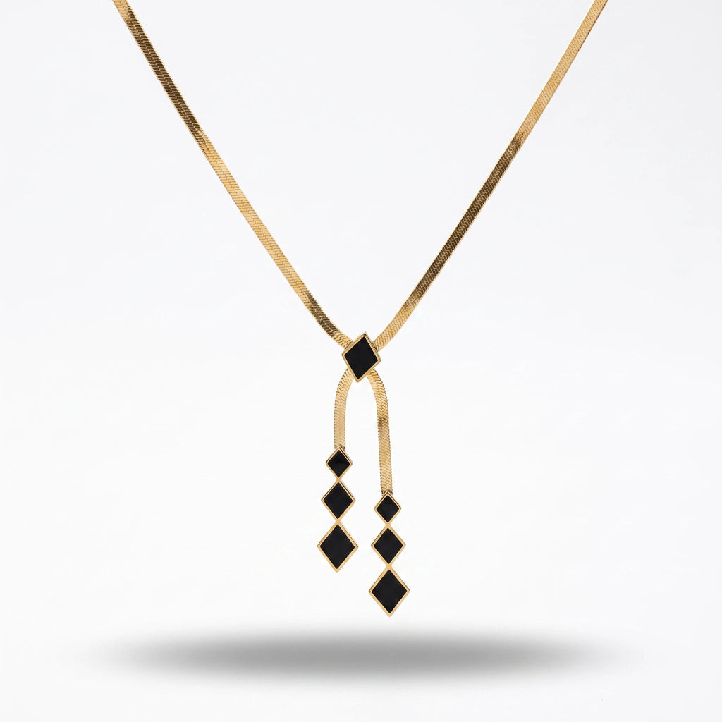 QIAOREN 13800 Thin Flat Herringbone Snake Chain Pendant Necklace with Sliding Black Enamel Square Charm & Two Tassel Strands