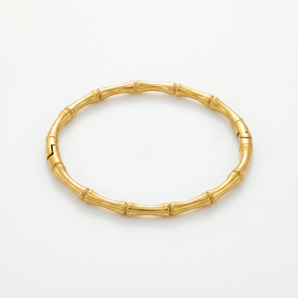 QIAOREN 12766 Stainless Steel 18K Gold Bamboo Joint Hinged Bangle Minimal Open Clasp Stack Wrist Bracelet for Women Daily Gift