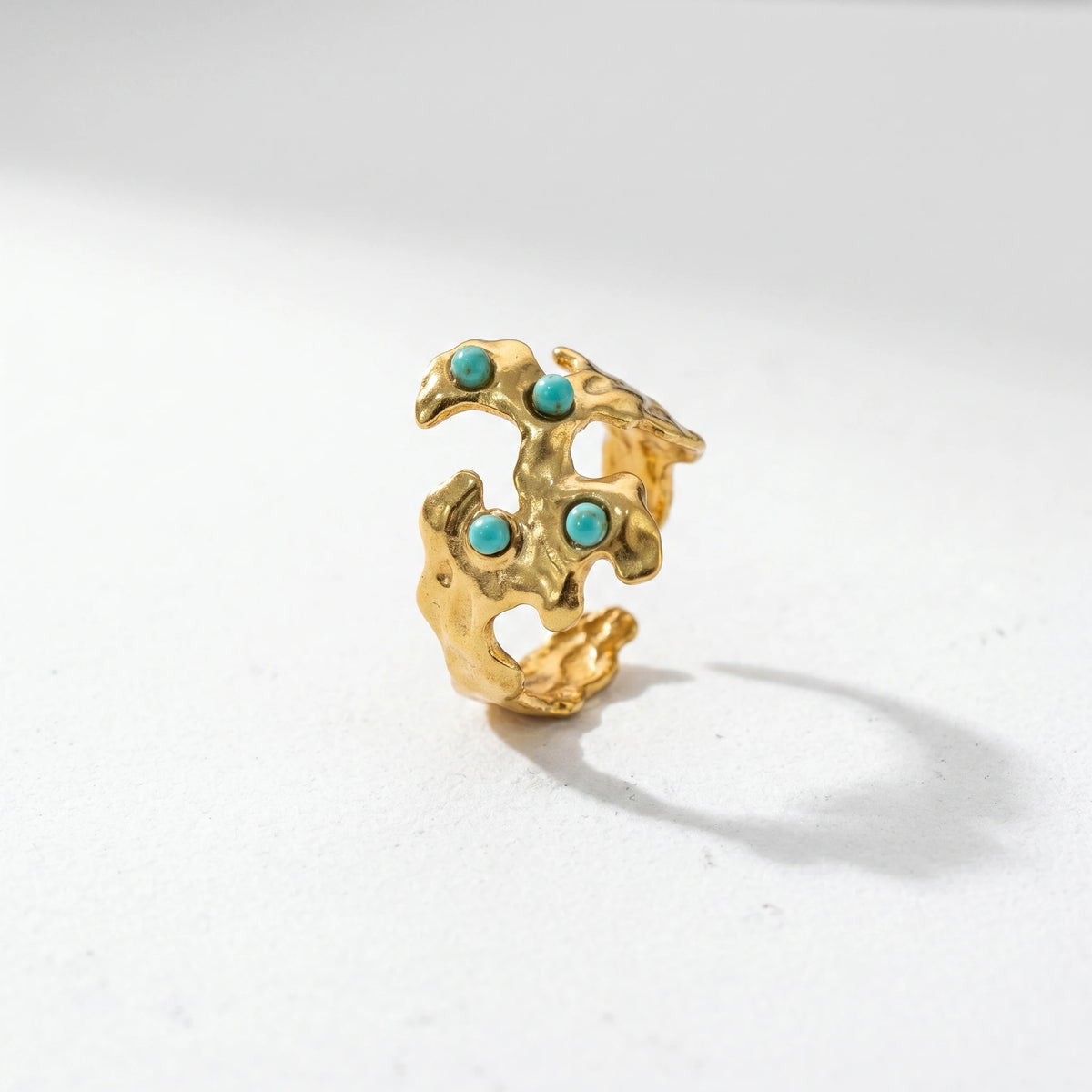 QIAOREN  5Pcs Gold Stainless Steel Turquoise Open Ring Set Irregular Hammered Crown Adjustable Boho Stackable Rings