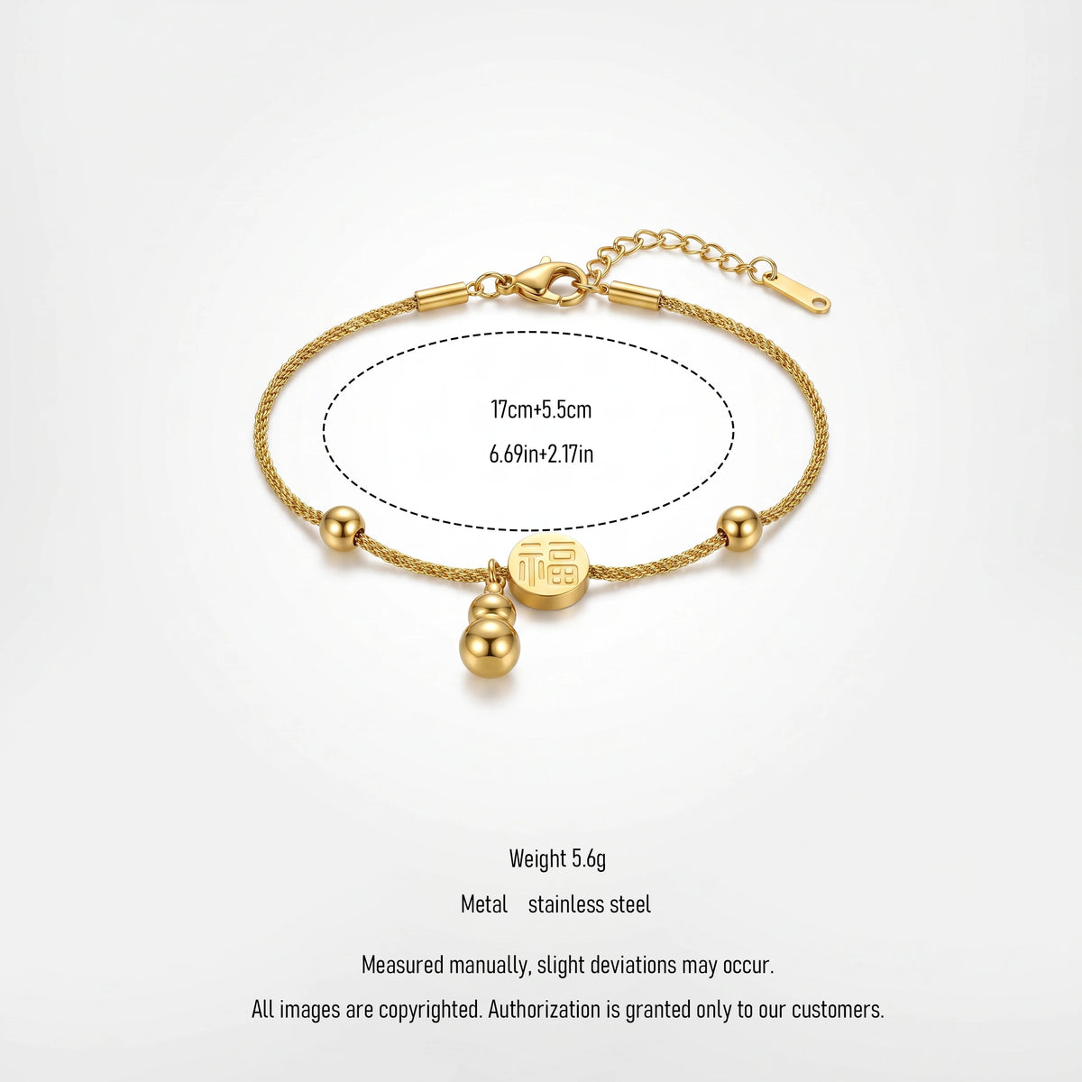 QIAOREN 13297 Gold Plated Stainless Steel Lucky Fu Charm Gourd Bracelet Good Fortune Minimalist Adjustable Jewelry