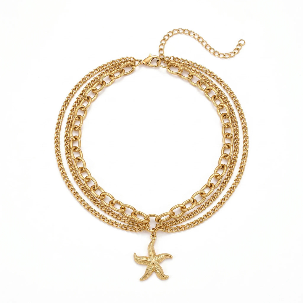 QIAOREN 11435 Dainty Boho Starfish Layered Anklet 18K Gold Plated Stainless Steel Beach Foot Chain