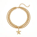 QIAOREN 11435 Dainty Boho Starfish Layered Anklet 18K Gold Plated Stainless Steel Beach Foot Chain