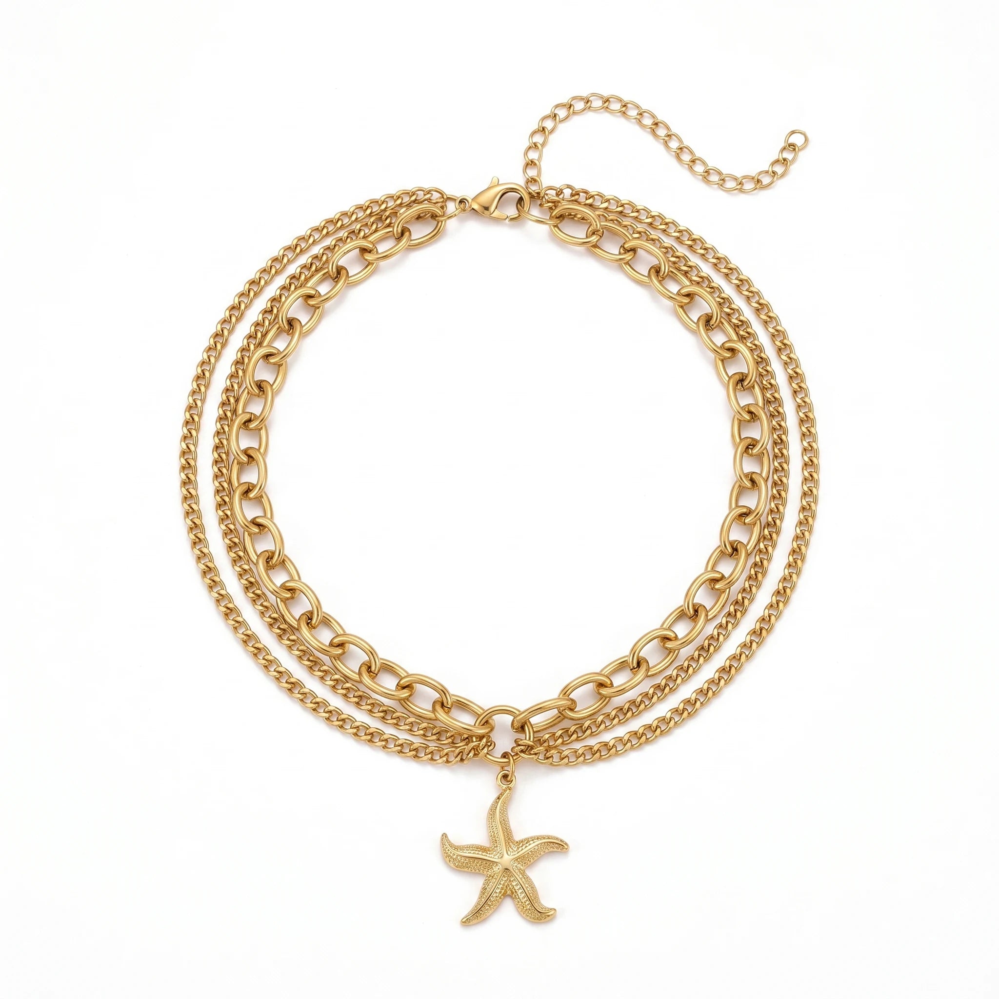 QIAOREN 11435 Dainty Boho Starfish Layered Anklet 18K Gold Plated Stainless Steel Beach Foot Chain