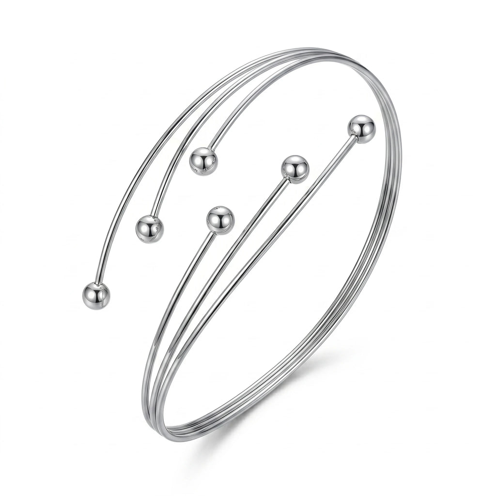 QIAOREN 12825 Adjustable Multi Layer Silver Ball Armlet Upper Arm Bracelet Stainless Steel Minimalist Boho Bangle Jewelry
