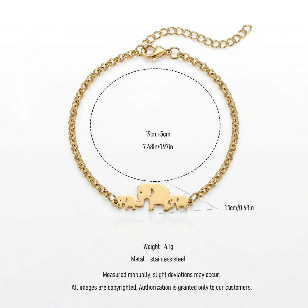 QIAOREN 11733 Tarnish Free 18K Gold Stainless Steel Elephant Family Anklet Adjustable Foot Chain