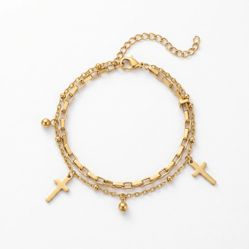 QIAOREN 11410 18K Gold Plated 2 Layered Cross & Ball Charm Bracelet Stainless Steel Tarnish Free Waterproof