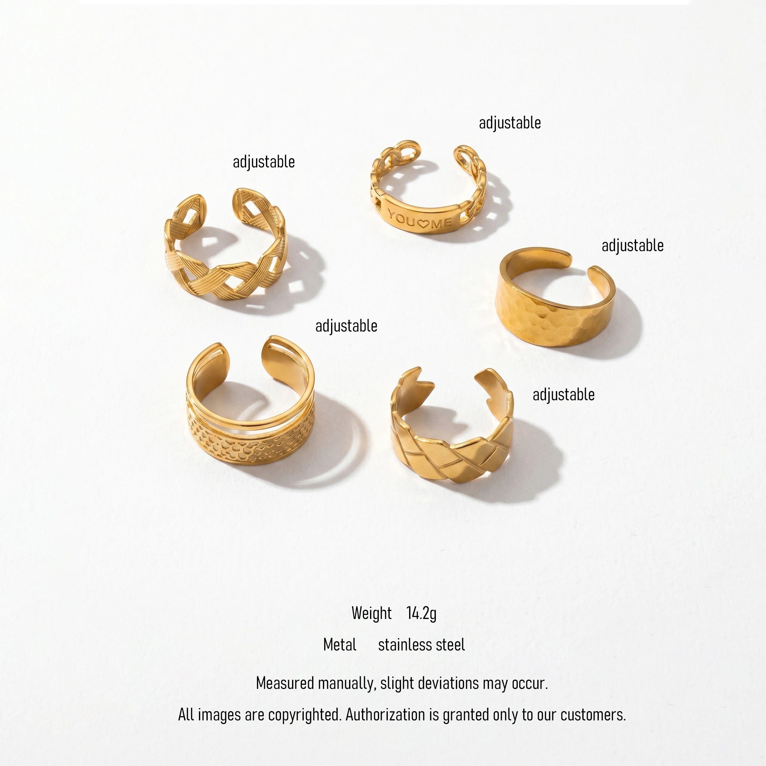 QIAOREN 10706 18K Gold Plated Stainless Steel Waterproof Open Ring Set | 5Pcs Adjustable Stackable Rings