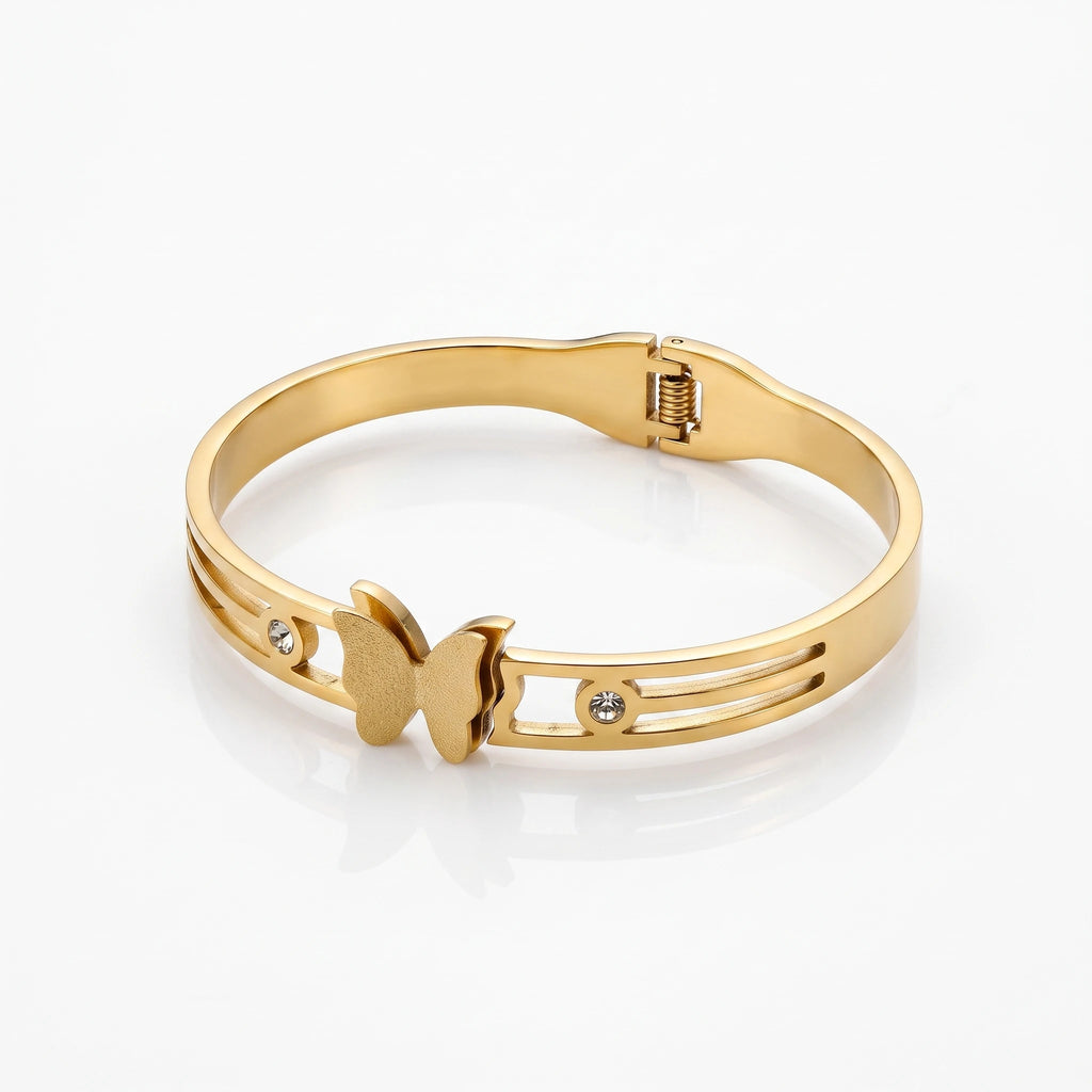 QIAOREN 13651 Hollow Triple Bar Spring Cuff Bangle with Matte Butterfly & Tiny Round Zircon Dual Charms, Open Gold Bangle