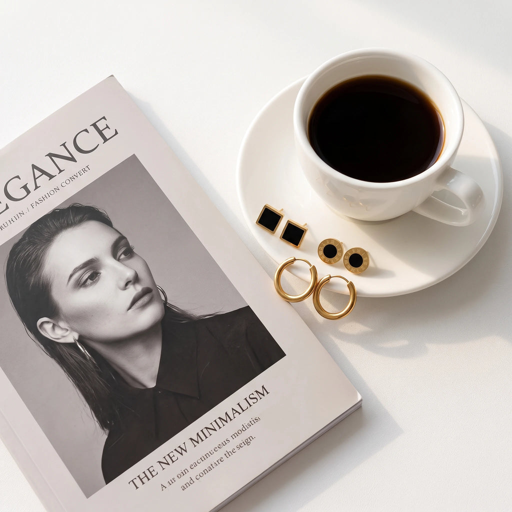 QIAOREN 14471 3 Pair Gold Stainless Steel Earrings Set, Square Black Enamel Studs, Roman Numeral Disc Studs & Chunky Earrings