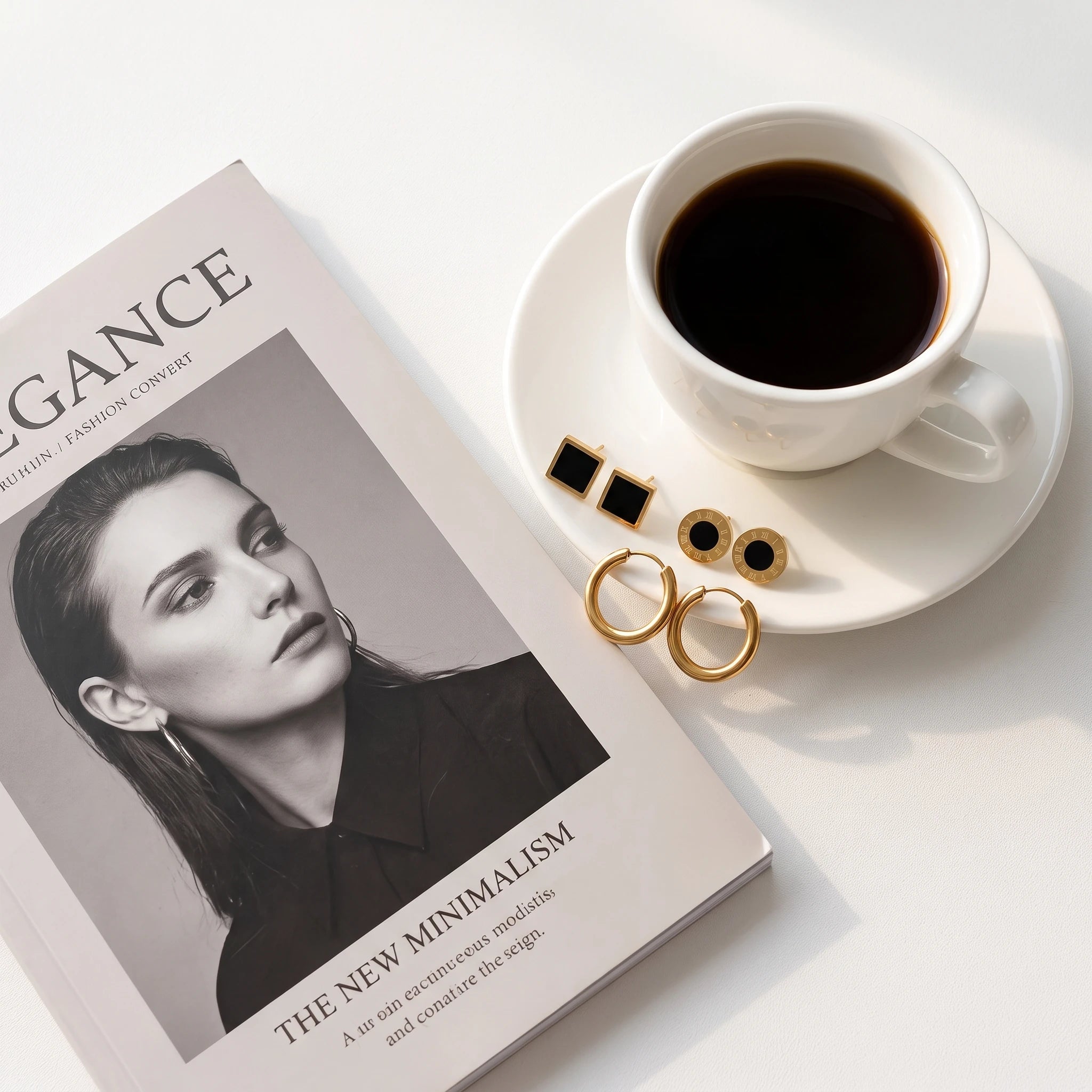 QIAOREN 14471 3 Pair Gold Stainless Steel Earrings Set, Square Black Enamel Studs, Roman Numeral Disc Studs & Chunky Earrings