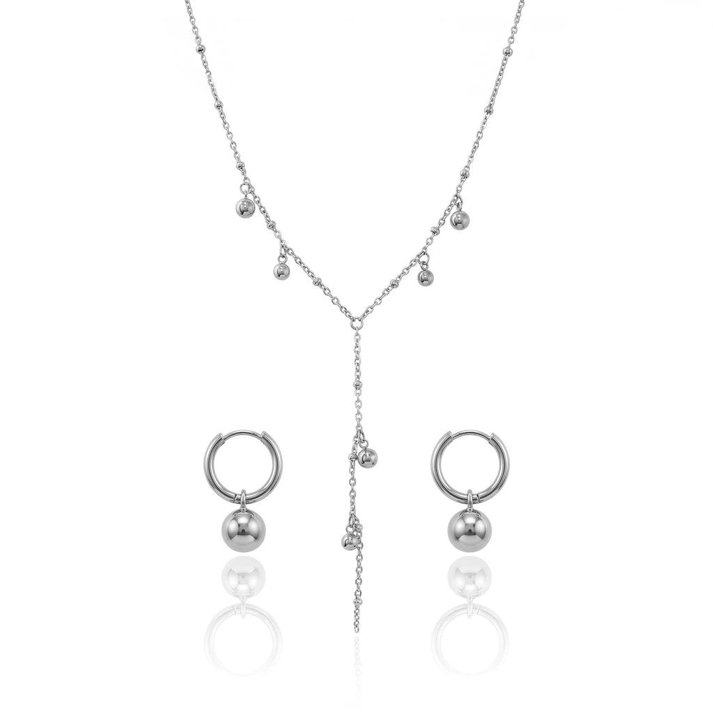 QIAOREN 11692 Tarnish Free 18K Gold Stainless Steel Ball Charm Jewelry Set Y Lariat Necklace & Hoop Earrings