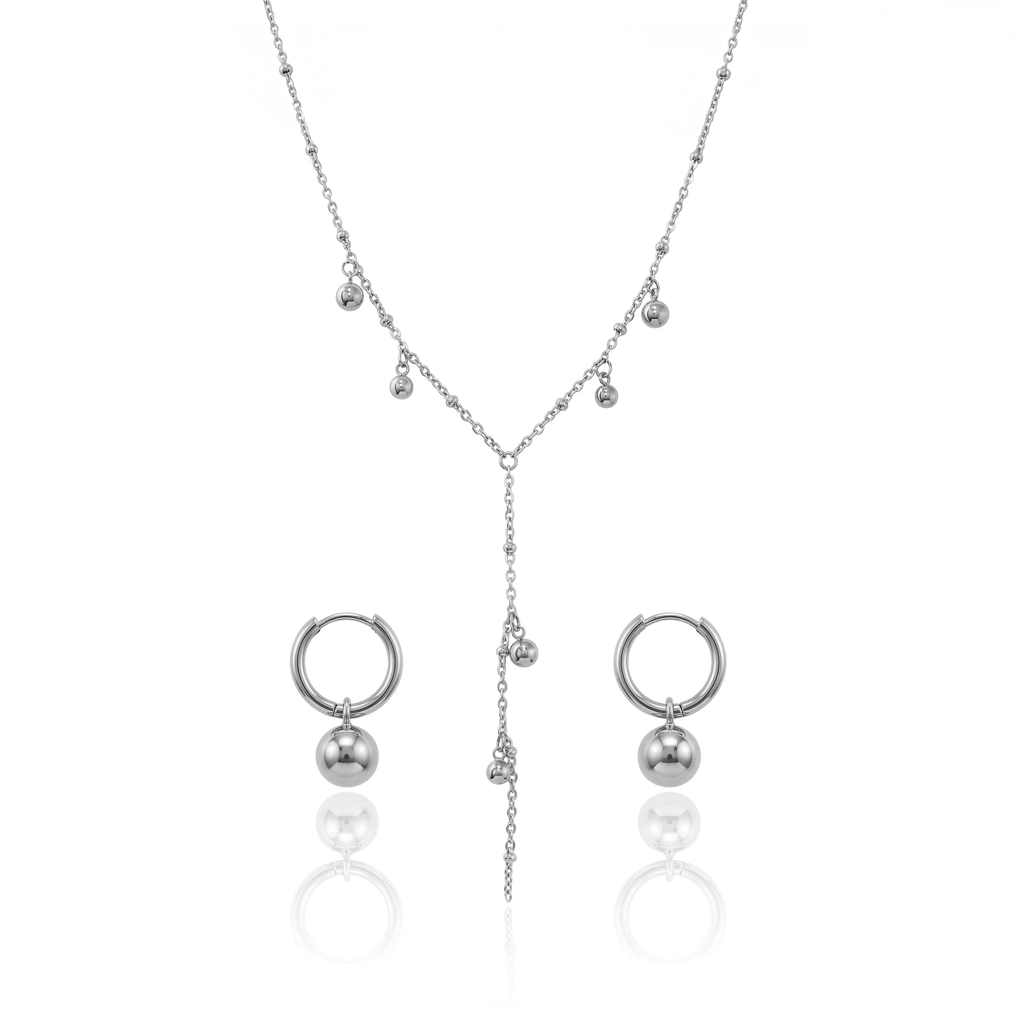 QIAOREN 11692 Tarnish Free 18K Gold Stainless Steel Ball Charm Jewelry Set Y Lariat Necklace & Hoop Earrings