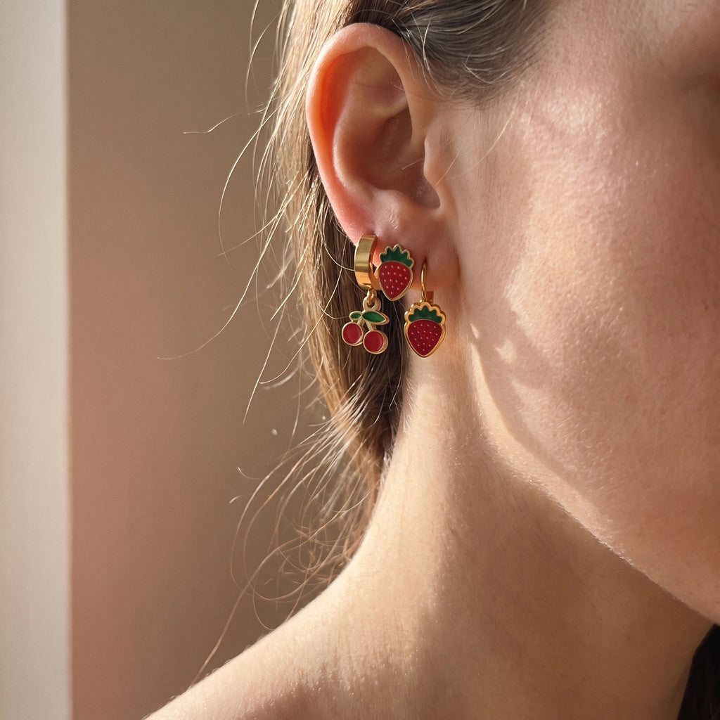 QIAOREN 14528 Waterproof Stainless Steel Fruit Earrings Set Strawberry Cherry Hoop Stud Earrings Enamel Jewelry Women