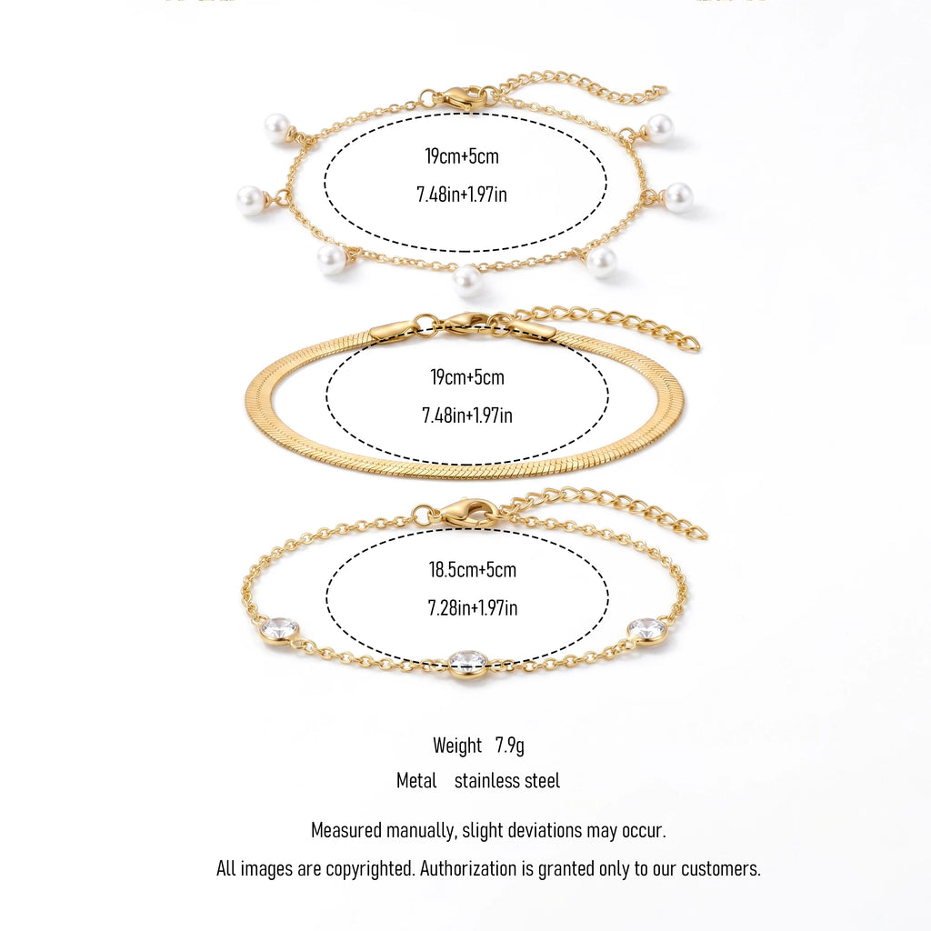 QIAOREN 11880 18K Gold Plated Stainless Steel Hypoallergenic 3Pcs Stackable Bracelet Set Pearl Herringbone CZ Chain Bracelets