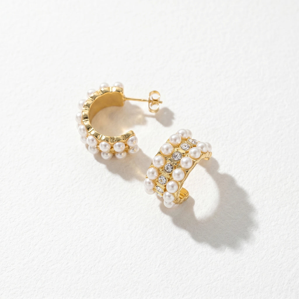 QIAOREN 12269 Elegant Vintage Pearl Crystal Earrings Gold Stainless Steel Chunky C-Hoop Bridal Statement Jewelry Gift