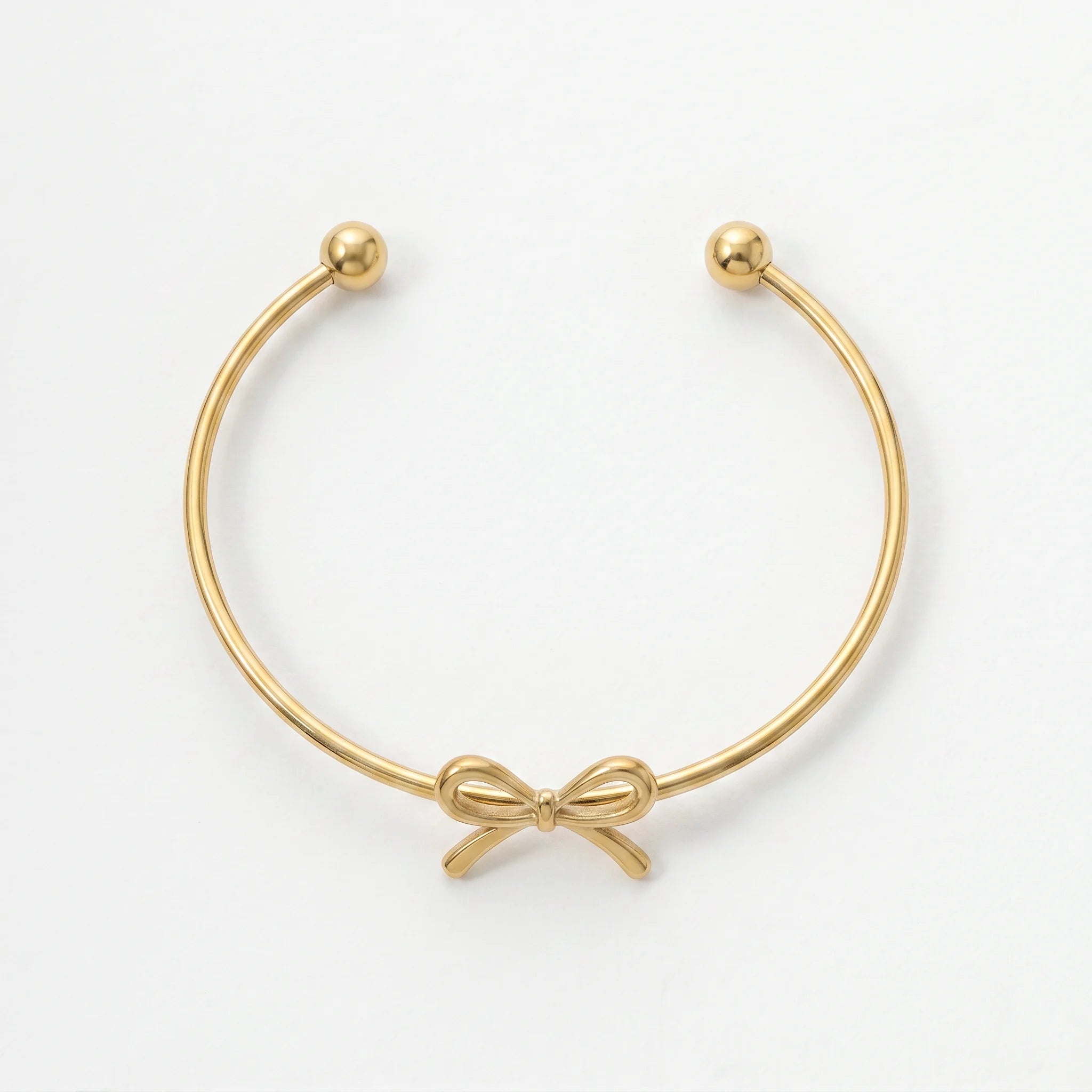 QIAOREN 11009 Cute Ribbon Bow Gold Bangle Stainless Steel Adjustable Bracelet for Summer Beach Vacation Style