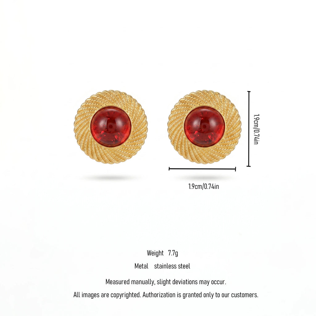 QIAOREN 12259 Vintage Spiral Twisted Stainless Steel Stud Earrings 18K Gold Plated Round Red Cabochon Glass Ear Jewelry