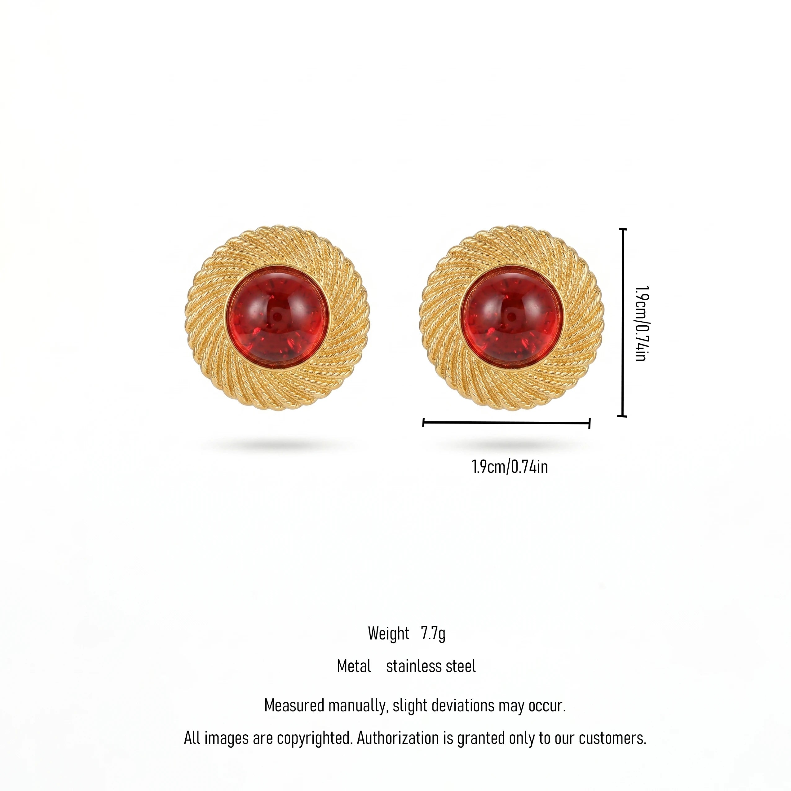 QIAOREN 12259 Vintage Spiral Twisted Stainless Steel Stud Earrings 18K Gold Plated Round Red Cabochon Glass Ear Jewelry