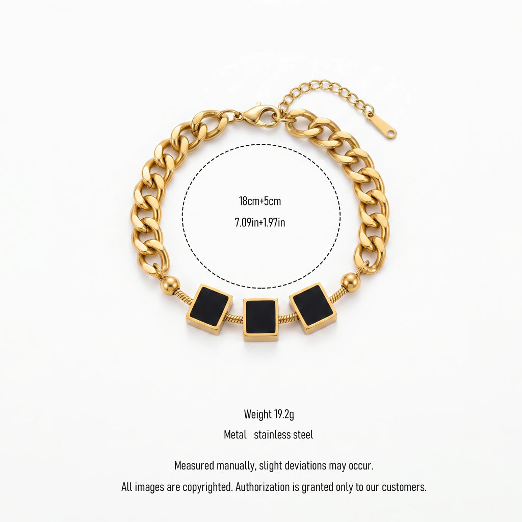 QIAOREN 13765 Thick Cuban Curb Link Bracelet with Three Square Black Onyx Inlaid Charms & Round Ball Spacers