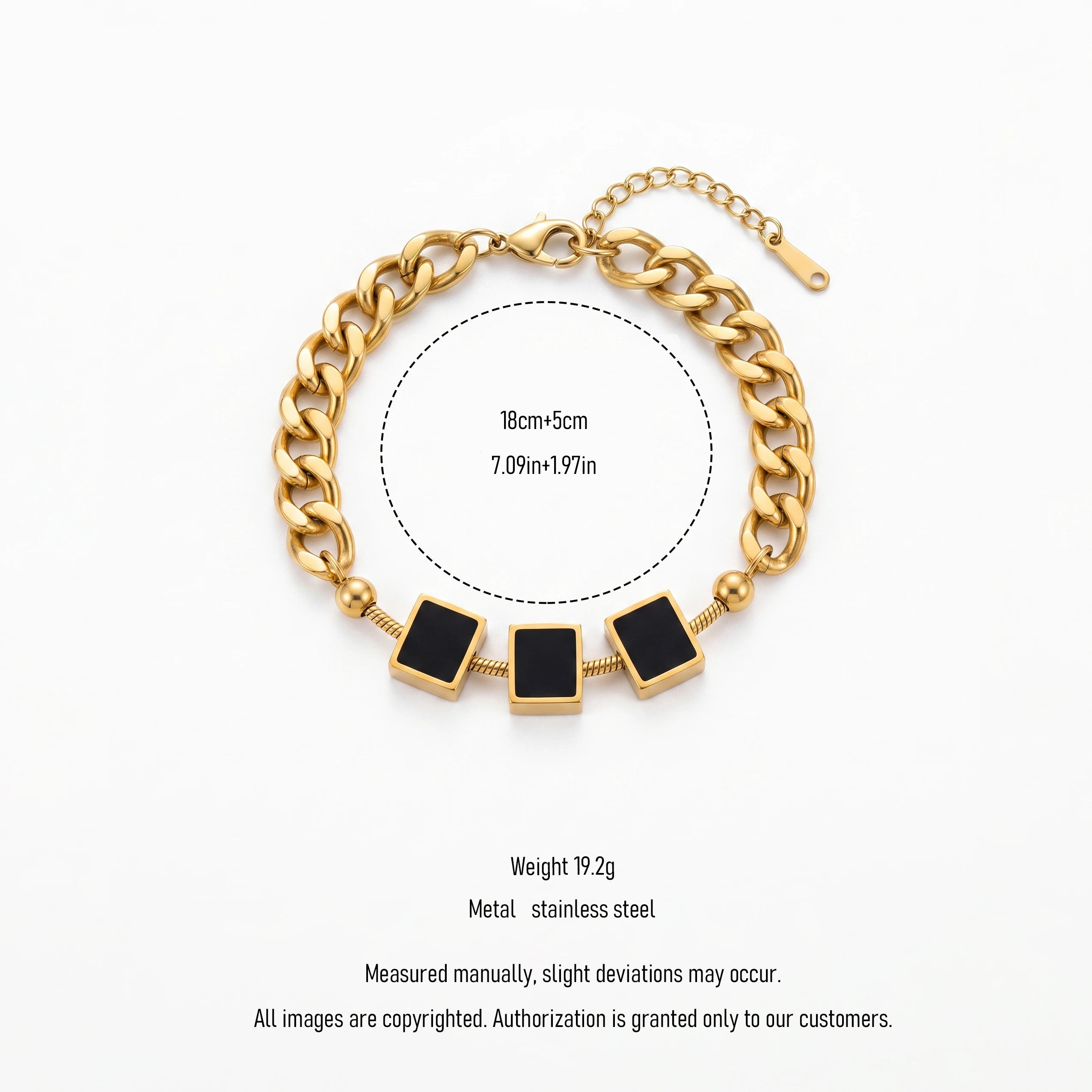 QIAOREN 13765 Thick Cuban Curb Link Bracelet with Three Square Black Onyx Inlaid Charms & Round Ball Spacers