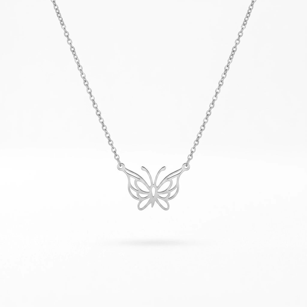 QIAOREN 11982 Trend Bohemian Jewelry Stainless Steel Gold Plated Hollow Cut Butterfly Pendant Necklace  Cable Chain Necklaces