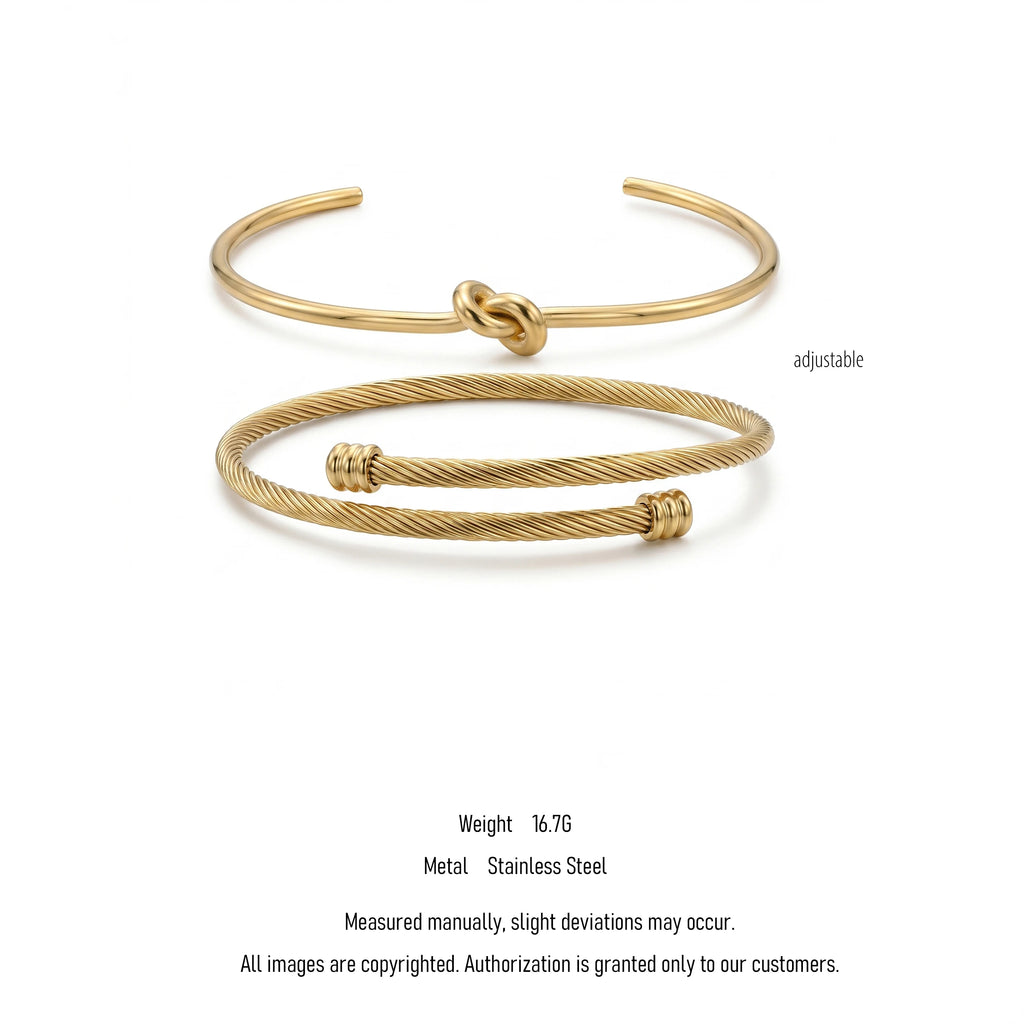 QIAOREN 10613 2pcs Knot & Twisted Cable Cuff Bangle Set 18K Gold Plated Stainless Steel Waterproof Tarnish Free Bracelets
