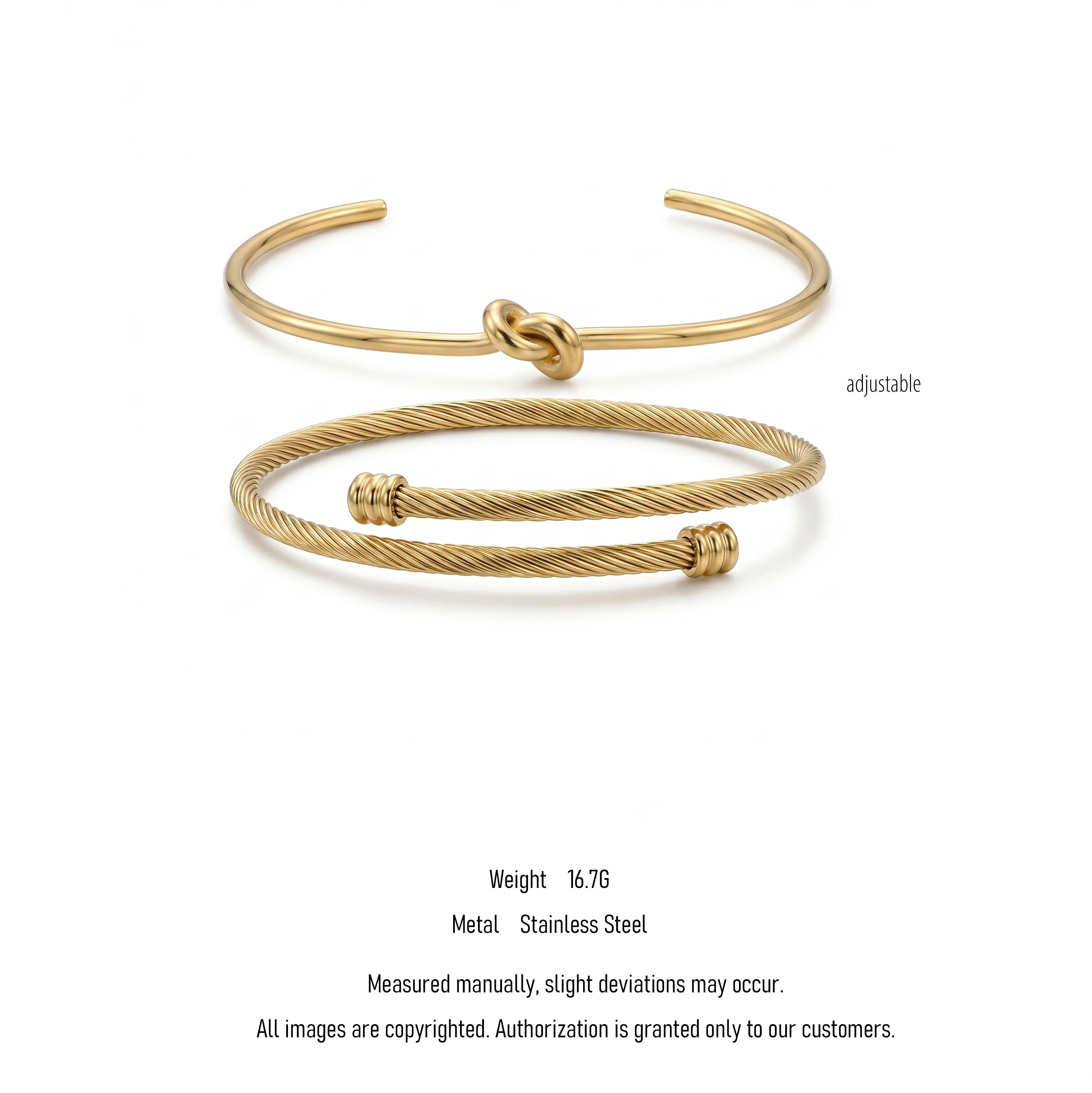 QIAOREN 10613 2pcs Knot & Twisted Cable Cuff Bangle Set 18K Gold Plated Stainless Steel Waterproof Tarnish Free Bracelets