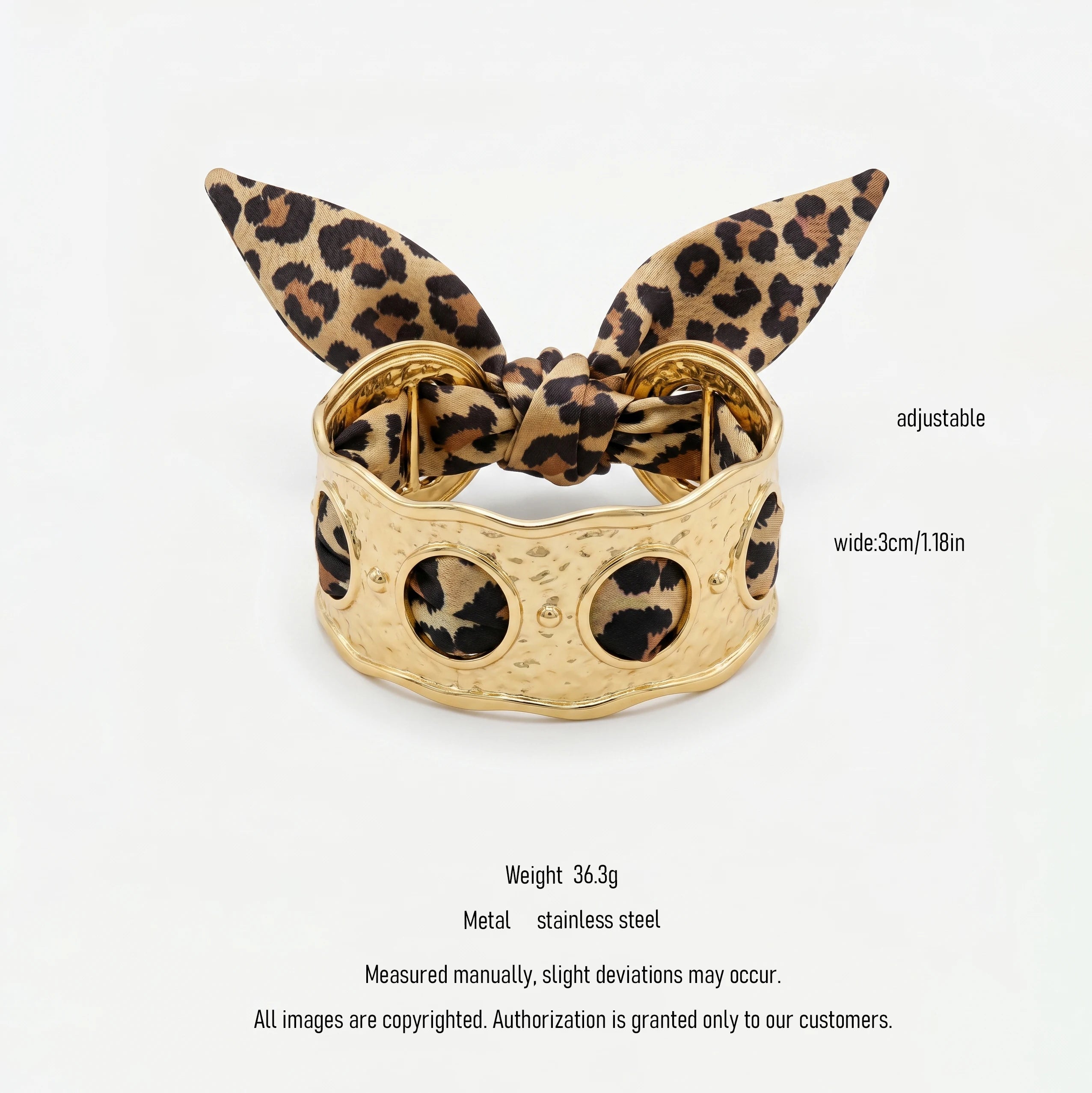 QIAOREN 11003 Leopard Print Scarf Bracelet Gold Stainless Steel Wide Adjustable Boho Beach Jewelry for Women
