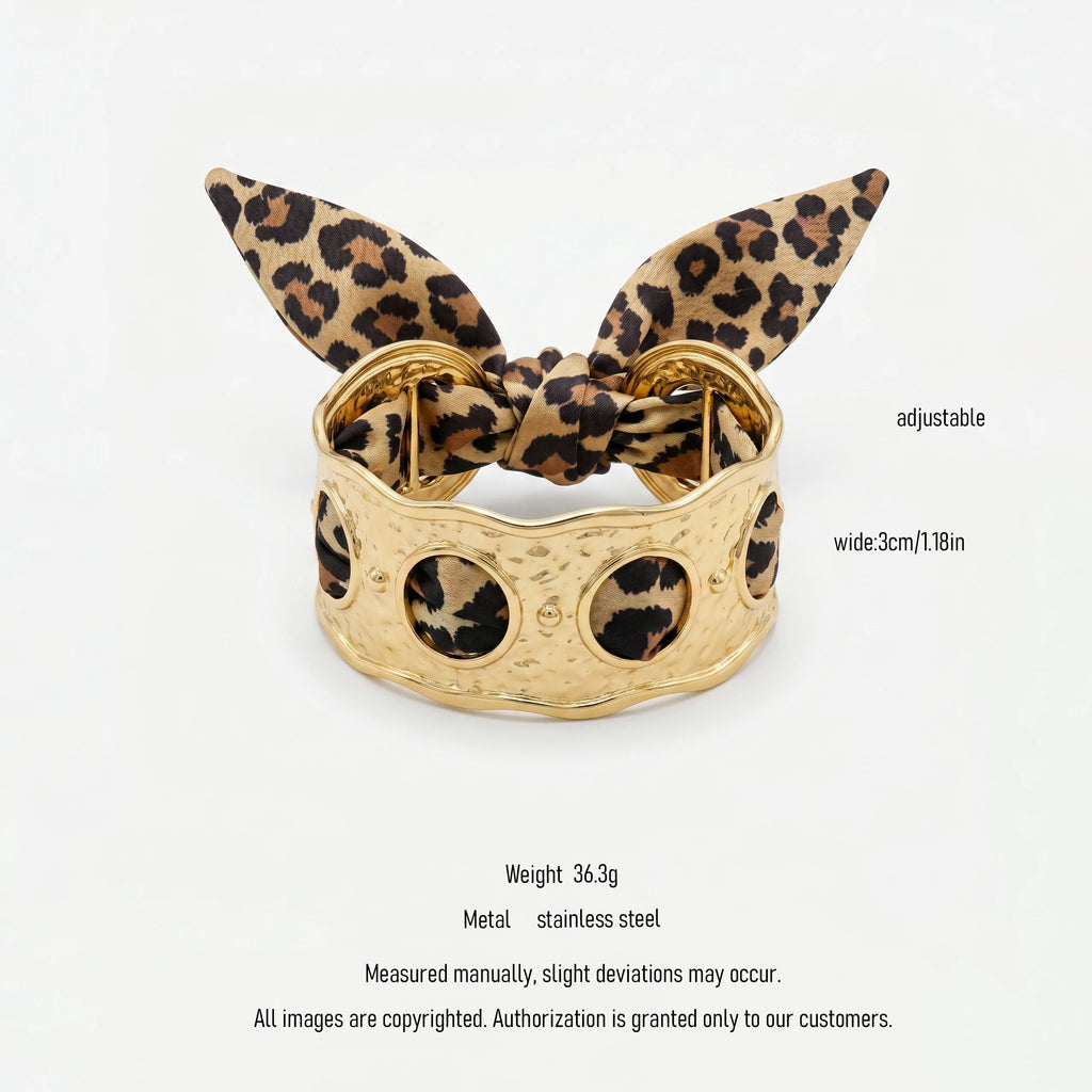 QIAOREN 11003 Leopard Print Scarf Bracelet Gold Stainless Steel Wide Adjustable Boho Beach Jewelry for Women