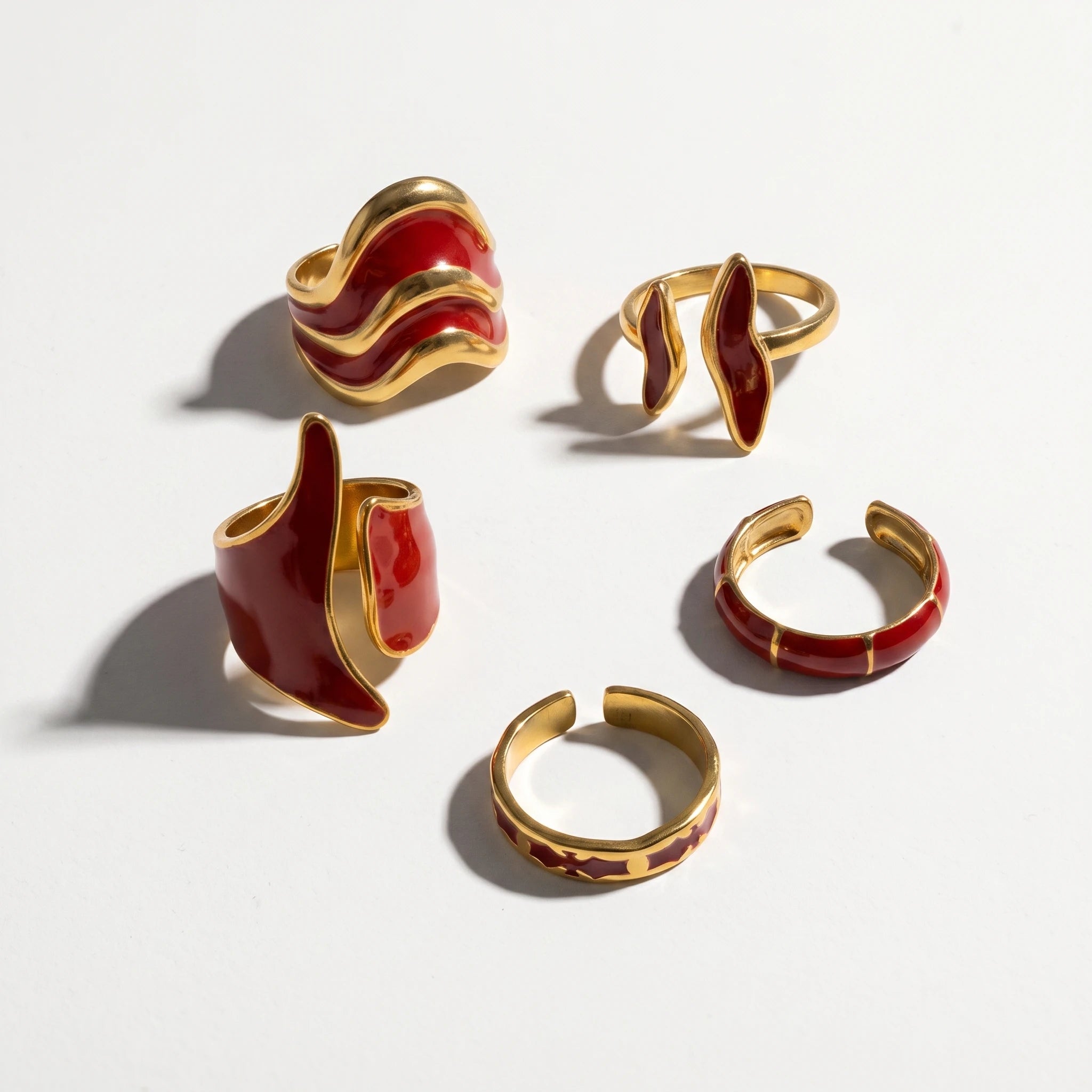 QIAOREN 14221-25 Red Enamel Irregular Wave Open Ring Set, Abstract Curved Adjustable Stackable Ring Jewelry Gift