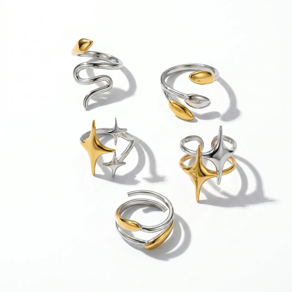 QIAOREN 12923-27 18K Gold Plated 316L Stainless Steel Two Tone Snake Star Adjustable Rings Set Tarnish Free Waterproof Jewelry