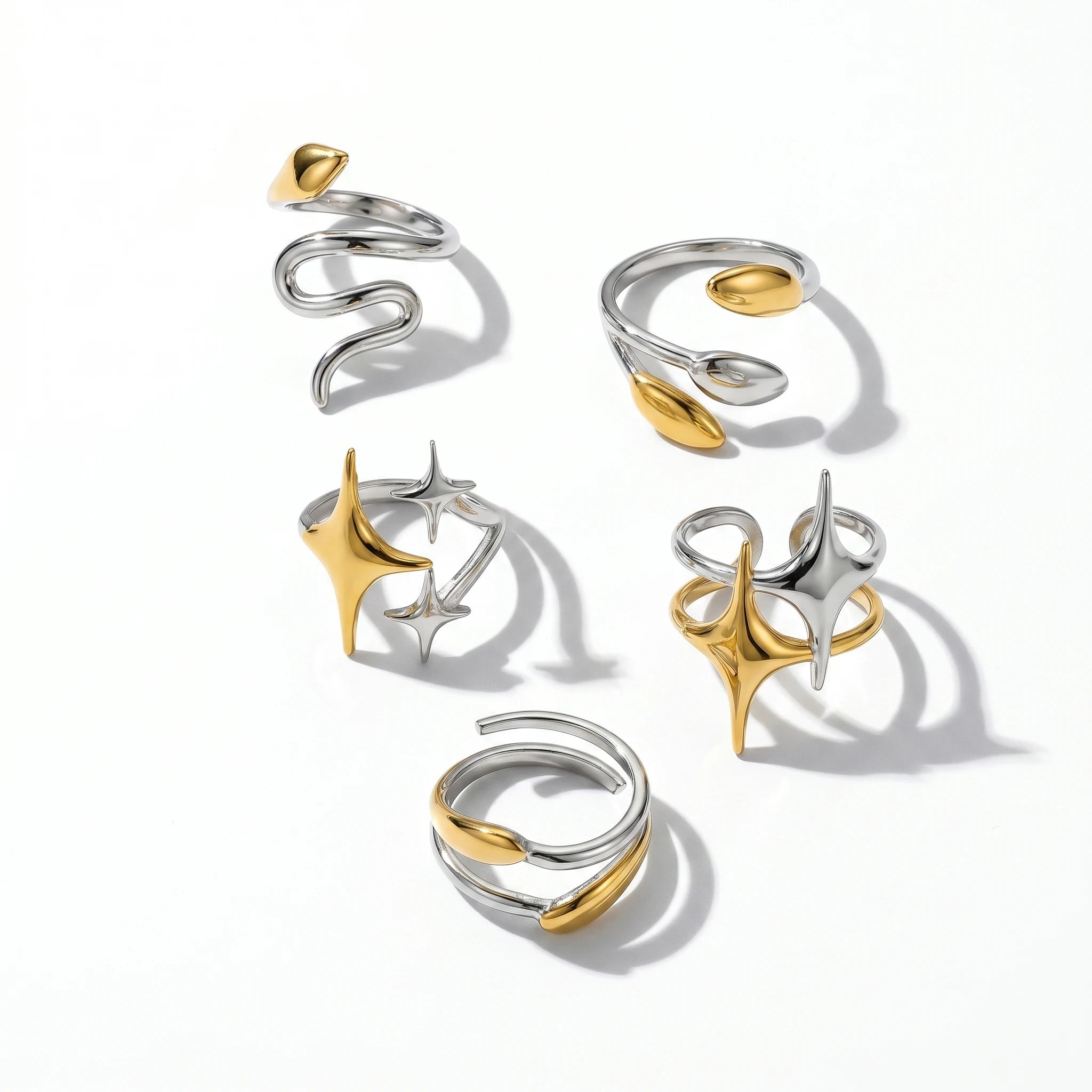 QIAOREN 12923-27 18K Gold Plated 316L Stainless Steel Two Tone Snake Star Adjustable Rings Set Tarnish Free Waterproof Jewelry